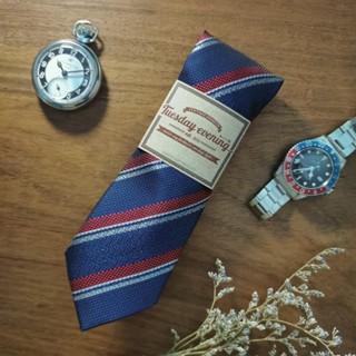 เนคไทสีน้ำเงิน ลายขวางแดงขาว Necktie Navy Blue with Red-White Stripe