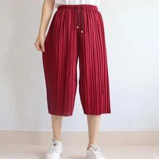 กางเกงอัดพลีทขากว้างผ้าหนังไก่สีพื้นผ้าเย็นใส่ไม่ร้อน รุ่น7119/720ทรงหลวม เอวกางเกงมีเชือกผูกรูดได้ สินค้าพร้อมส่งจากไทย