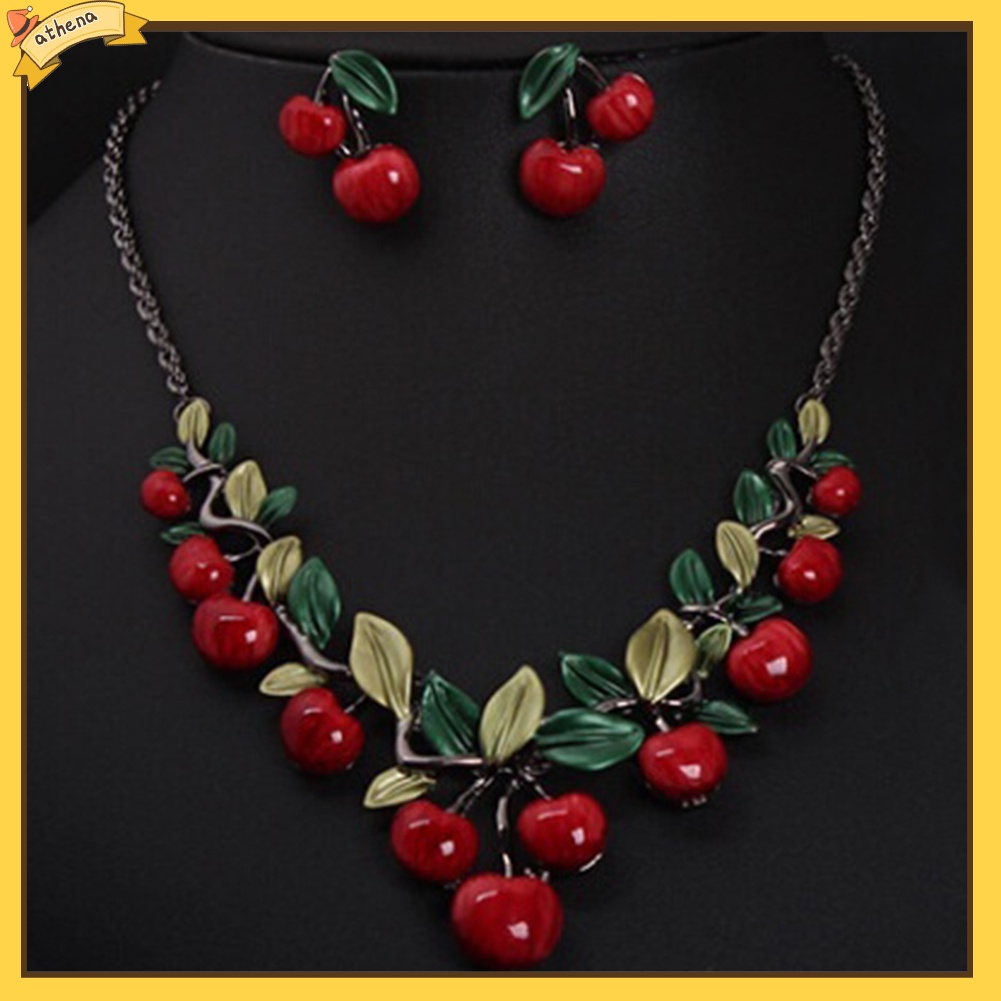 【Athena】 ชุดเครื่องประดับ สร้อยคอ ต่างหูจี้เชอร์รี่แดง สไตล์วินเทจ สำหรับผู้หญิง ราคา ถูกที่สุด ดีลบีเคเค