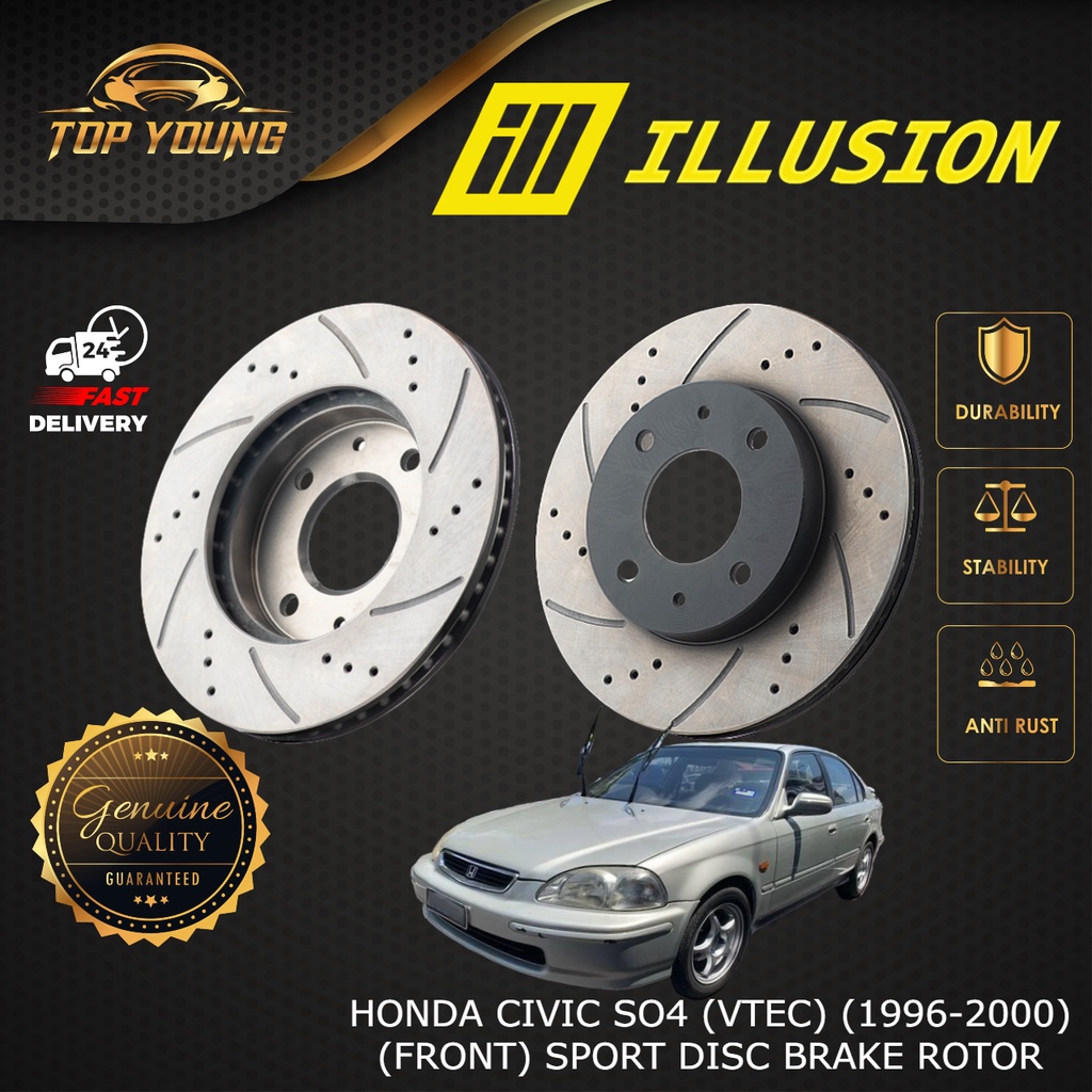 ILLUSION CIVIC SO4 (VTEC) (1996-2000) ด้านหน้า (FW) ตัวหมุนแผ่นดิสก์ SPORT SLOTTED & DRILLED ANTI RU