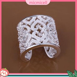 (micmicell) แหวนสตรีชุบเงินกว้าง rhinestone cutout รักหัวใจรัก