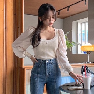 เสื้อเชิ้ตแขนยาว คอสี่เหลี่ยม ผ้าถัก สไตล์เกาหลี สําหรับผู้ห…