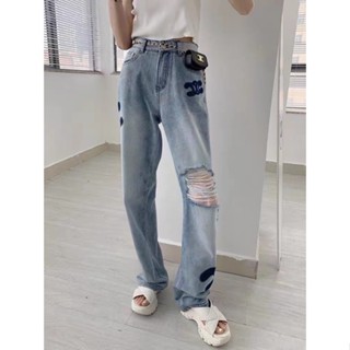 Ripped straight-through jeans womens autumn thin 2022 new high waist slimming CELINE wide leg mop pants