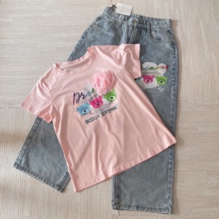 พร้อมส่ง 🌸 เซ็ทเสื้อกางเกง สีชมพู สกรีนลายน้องหมี  มือ1