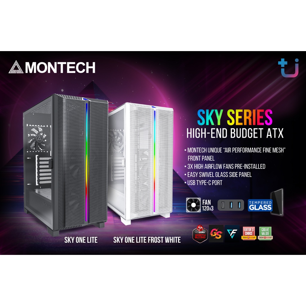 MONTECH Sky ONE LITE เคส ATX หรือ Mid-Tower ระดับ Hi-End พัดลมขนาด 120mmที่ติดตั้งมาให้แล้ว 3 ตัว(หน