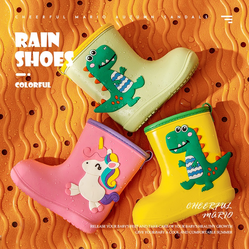Cheerful Mario เด็กรองเท้ากันน้ำเด็กทารกเด็กผู้หญิง EVA กันลื่นกลางแจ้งการ์ตูนไดโนเสาร์ Rainboots รอ