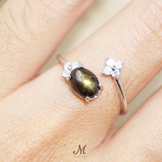 Meena Gems แหวนพลอยแท้ แบล๊คสตาร์ซัฟฟาย ตัวเรือนเงินแท้925 ไซสง้างปรับได้ แหวนพลอยแท้เสริมดวง พลอยประจำเดือน