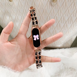 สายรัดข้อมือโลหะ สําหรับ Xiaomi Mi Band 4 5 6 7 แฟชั่น สายหนัง สําหรับ Miband 7 4 5 6 เปลี่ยนได้ สายรัดข้อมือผู้หญิง