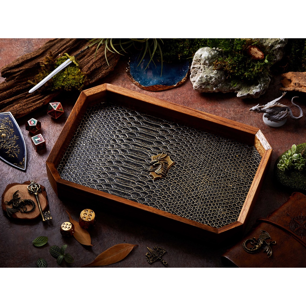 Dragon Shield Dice Tray | Black Gold Leather & Metal Shield Yellow Black | Octagon Dice Tray | Faux 