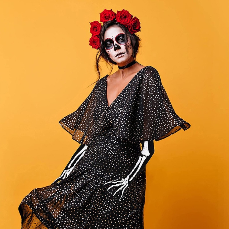 Poop ถุงมือฮาโลวีน โครงกระดูก สั้น ยาว เต็มนิ้ว พิมพ์ลายกระดูก สําหรับผู้หญิง ผู้ชาย - รูปที่ 2