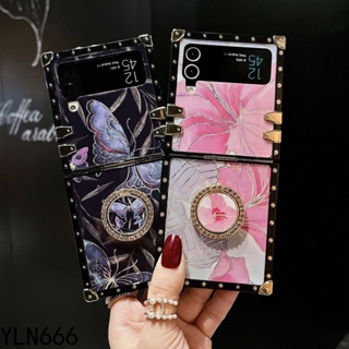 เคสโทรศัพท์มือถือ ทรงสี่เหลี่ยม ลายดอกไม้ ผีเสื้อ พร้อมสายคล้อง หรูหรา สําหรับ Samsung Galaxy Z Flip3 5G Z Flip4 5G