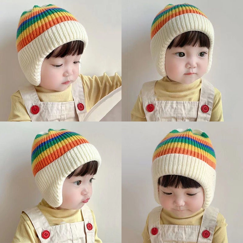 เกาหลีลูกอมสีลายเด็กหมวกหมวกฤดูใบไม้ร่วงฤดูหนาวหนาเด็กอบอุ่นชายหญิงถักหมวกป้องกันหูยืดหยุ่นเด็ก ฝากระโปรง หมวก