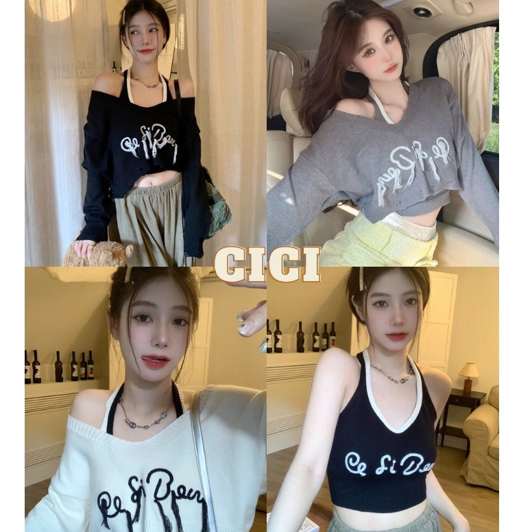 Cici พร้อมส่ง (9773/9773-1)SET 2ชิ้น เสื้อครอปคล้องคอ +เสื้อครอปแขนยาวคอวี ดีเทลปักลายอักษร น่ารักคิ้วๆ