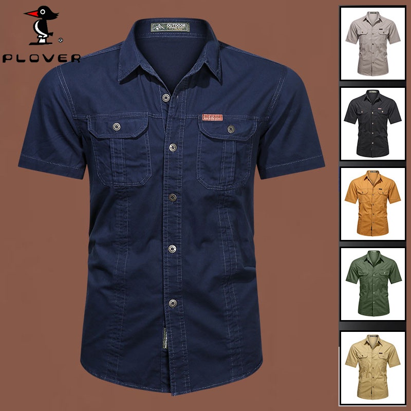 เสื้อเชิ้ตผู้ชาย PLOVER ผ้าคอตตอน 100% เสื้อเชิ้ตแขนสั้นผู้ชายพลัสไซส์ เสื้อทหารวินเทจฤดูร้อน