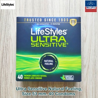 Lifestyles® Ultra Sensitive Natural Feeling, Size 53 mm. 40 Condoms ถุงยางอนามัยผิวเรียบ คอนดอมแบบบางพิเศษ