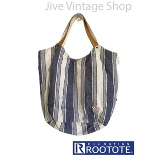 กระเป๋าทรงถือ Rootote FUN OUTING ผ้า cotton ลายทาง สีฟ้า-ครีม สไตล์ญี่ปุ่น minimal มาก zakka style มือสองจากตู้ญี่ปุ่น