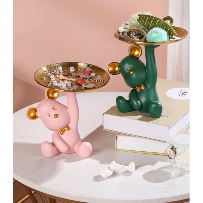 ( พร้อมส่ง) ของตกแต่งบ้าน ตุ๊กตาหมีนำโชค หมีถือถาด ถาดเก็บกุญแจ/ของกินเล่น/เครื่องสำอาง ส่งไว