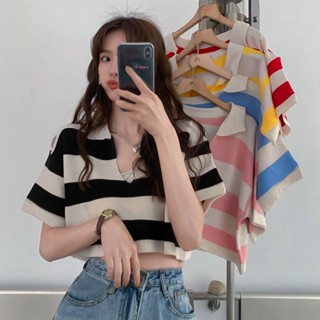 🍓Olivia🍓 🍿เสื้อครอปไหมพรม แขนสั้น คอปก ไหมพรมลายทาง ทรงหลวม ใส่สบายไม่อึดอัด🍿 #A26