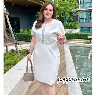 งานพรีเมียม นำเข้า เดรสสาวอวบ ติดไข่มุก งานคุณนาย ไฮโซมาก สีขาว Size 40-50 Bigsize_Peppermint (589 A)