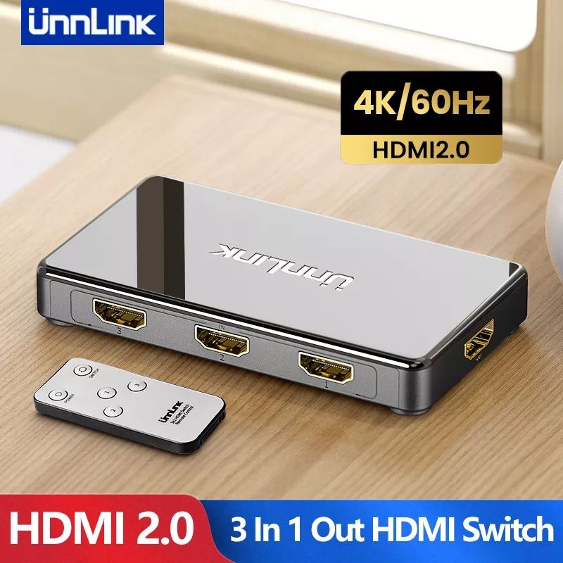 UNNLINK สวิตช์ HDMI 3 IN 1 OUT 4K 60Hz UHD V2.0 สวิตช์ HDMI พร้อมรีโมทคอนโทรล IR, 3 พอร์ต HDMI 2.0 ต