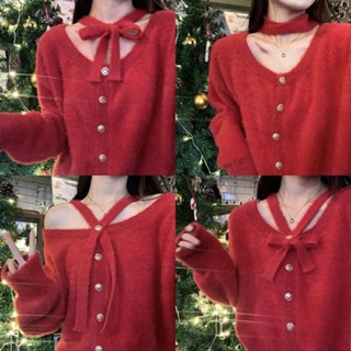 🎅🏻ชุดคริสมาส💗เสื้อไหมพรม เสื้อกันหนาวคู่รัก เสื้อแขนยาวไหมพรม เสื้อกันหนาวสีแดง ลายน่ารักๆ ต้อนรับวันคริสมาสต์
