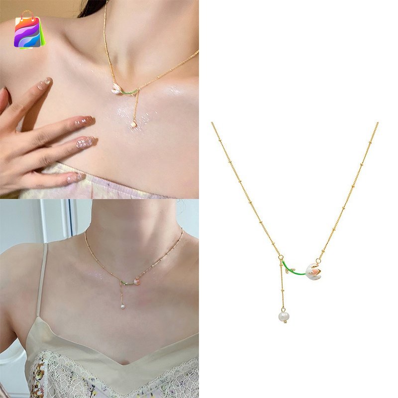 ญี่ปุ่นเกาหลีอารมณ์หรูหราดอกทิวลิปดอกไม้มุกพู่สร้อยคอ CRD