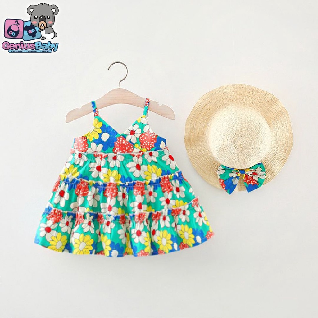 [ Genius Baby House ] 3m-3y เสื้อผ้าเด็กผู้หญิง Green Floral Dress & Hat C3891