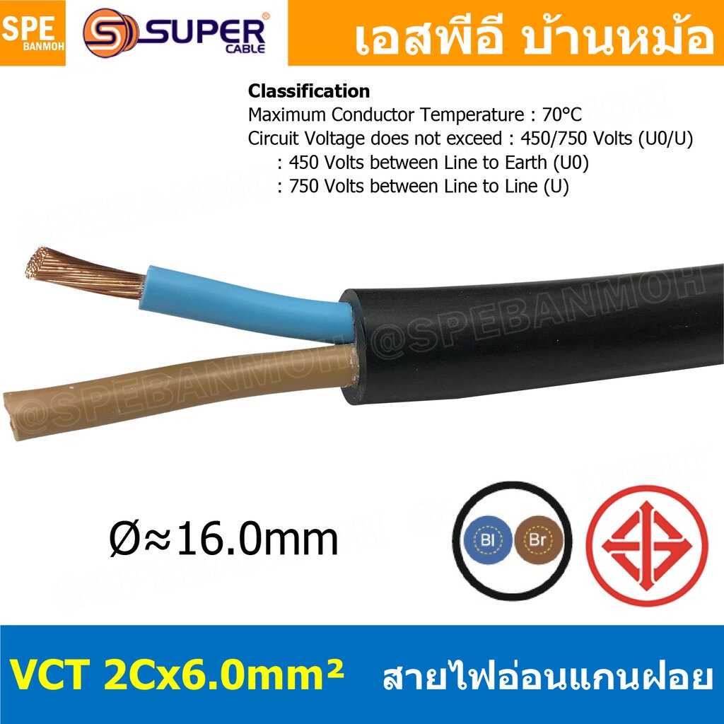 [ 1 เมตร ] VCT-2x6.0 สาย VCT 2C X 6.0 sq.mm สายอ่อน 2 คอร์ Size 6.0 sq.mm VCT AC Power Cable สายไฟ A