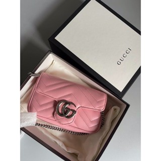 🦋สินค้าพร้อมส่ง🦋   New🤍Gucci Marmont Supermini 💘  ชมพูอะไหล่เงิน สายถอดได้ Size 6.5 x 4 x 2 นิ้ว อปก. การ์ด ถุงผ้า กล่อง