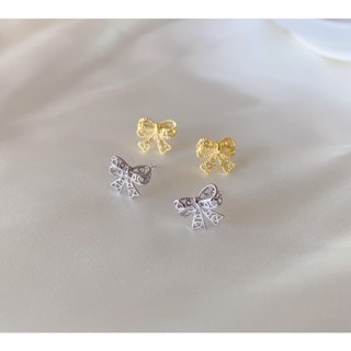 277-goodgift_station - ต่างหูเงินแท้ s925 ต่างหูรูปโบว์ริบบิ้น (Hollow Lace Bow Ribbon Stud Earrings)