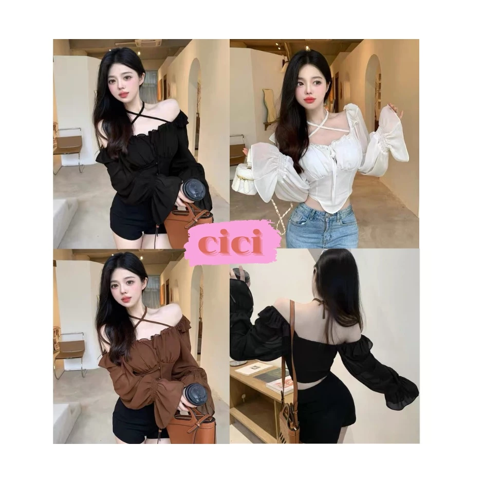 ส่งทันที Cici ❣🇹🇭🚚พร้อมส่ง❣(3047)เสื้อครอปแขนยาว แต่งชายระบายเก็บทรงสวย ดีเทลสายคล้องคอเพิ่มระดับความแซ่บ