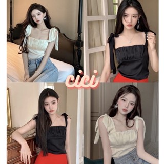 Cici ❣🇹🇭🚚พร้อมส่ง❣(587)เสื้อสายเดี่ยว สายผูกโบว์เองได้ สม็อคหลังผ้านุ่มลื่น เข้ารูปสวยน่ารักสไตล์เกาหลีเซ็กซี่