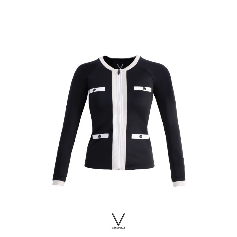 V ACTIVEWEAR SS2022/1 UV JACKET BLACK TRIM WHITE เสื้อแขนยาวซิบหน้า มีฟองน้ำในตัวผ้าหนา กัน UV UPF 50+