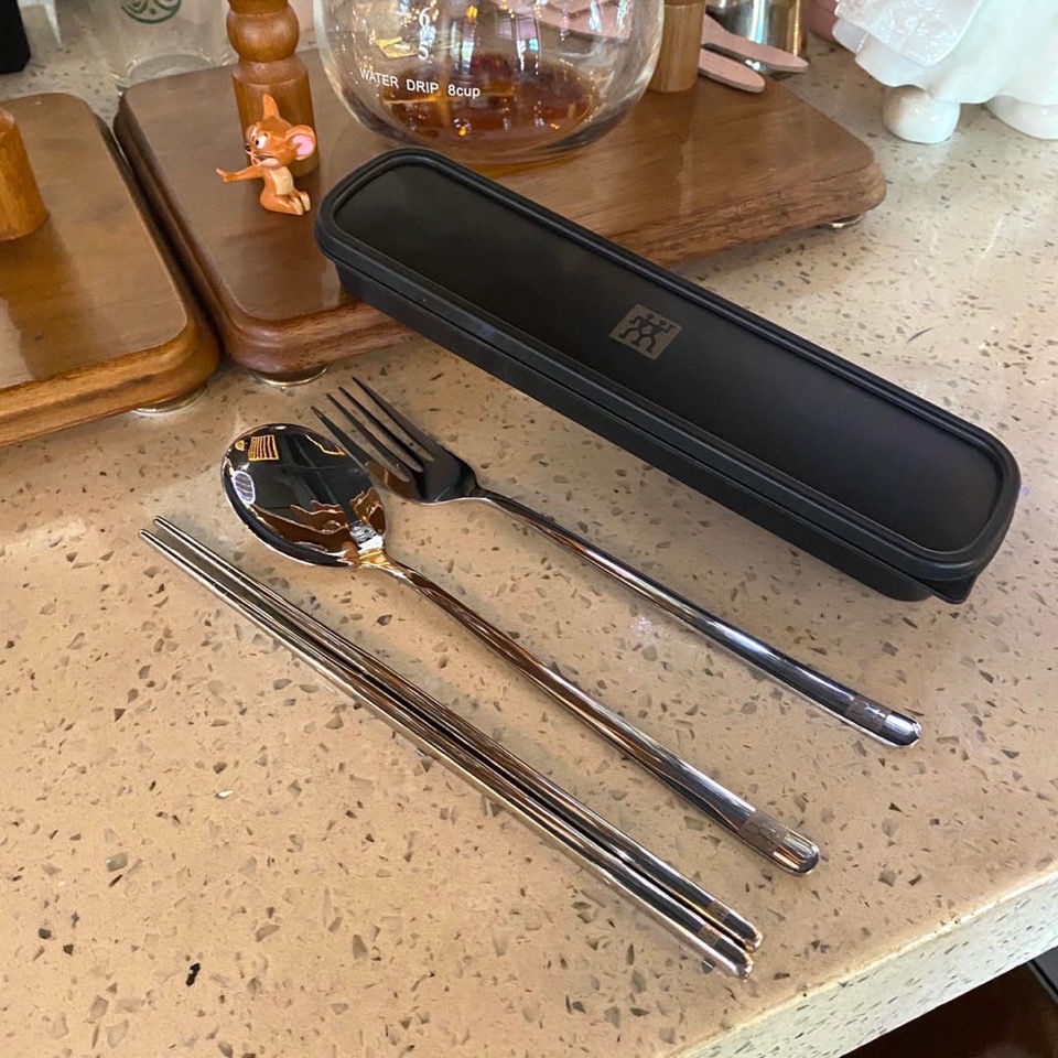 เยอรมัน Zwilling ชุดช้อนส้อมมีดสแตนเลสแบบพกพา ส้อม ช้อน ชุดช้อนส้อมตะเกียบพร้อมกล่อง (3 ชิ้น)