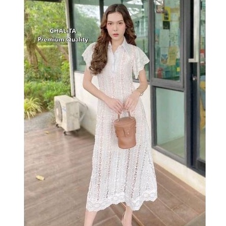 3xl☑️ เดรสลูกไม้ตัวยาว คอปก ป้าย NT princess