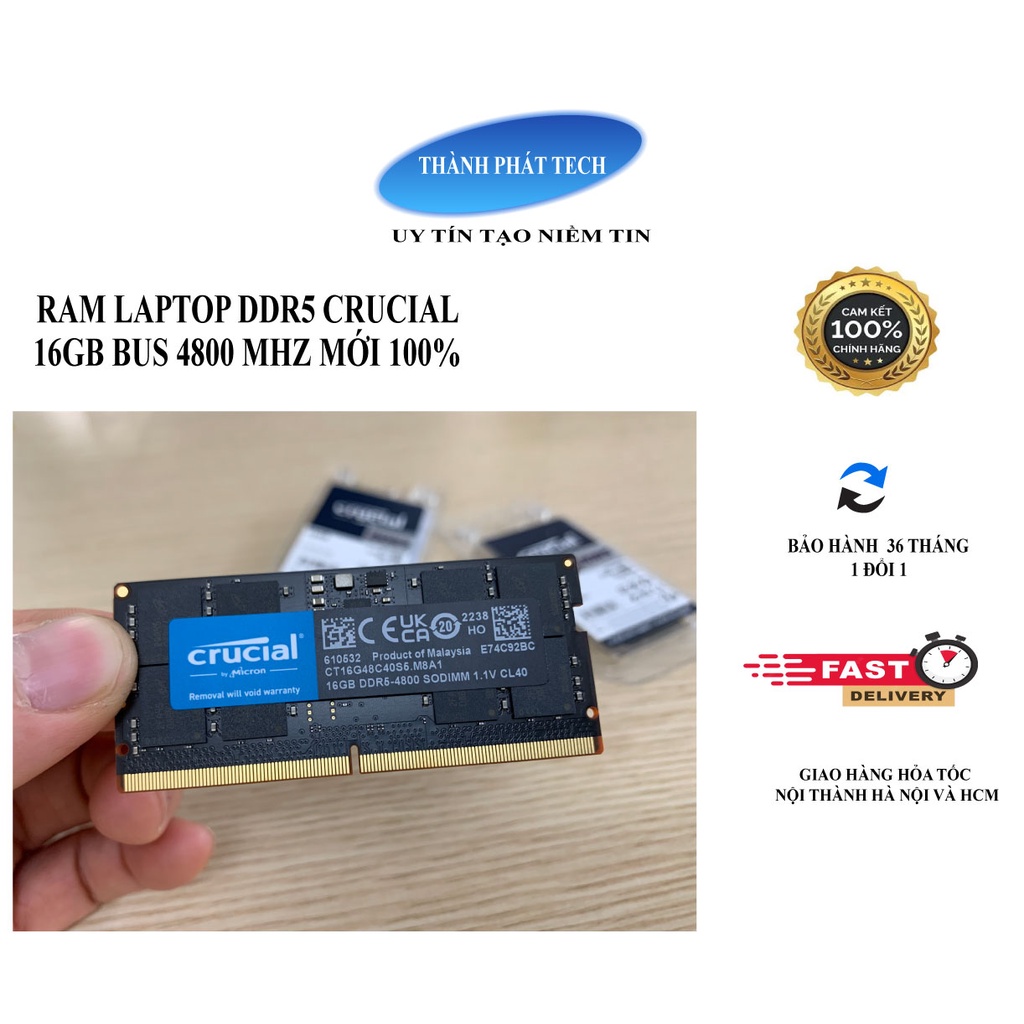 Laptop Ram DDr5 Crucial 16Gb/8Gb CT8G48C40S5-CT16G48C40S5 Bus 4800Mhz. ของแท้ใหม่ 100% 36 เดือน