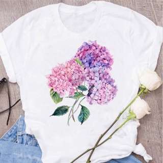 เสื้อยืดสวยๆ Vrouwen Tops Mode เสื้อโบลม Bloemenprint Dame เสื้อยืดลําลอง Korte Mouw Esthetische Kleding Shirt เสื้อยืด