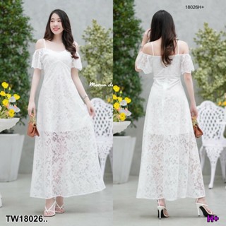 B18026 เดรสลูกไม้ยาว สายเดี่ยวเว้าไหล่ ..long lace dress One shoulder strap..