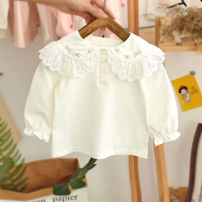 เสื้อยืดเด็กผู้หญิงฤดูใบไม้ร่วงสไตล์ใหม่ปกสีขาวเสื้อแขนยาว