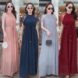 เดรสอัดพลีท เดรสพลีทชีฟอง Pleated maxi lace premuim dresses  เดรสออกงาน เดรสอัดพลีท เดรสลูกไม้ ใส่ไปงานเเต่ง