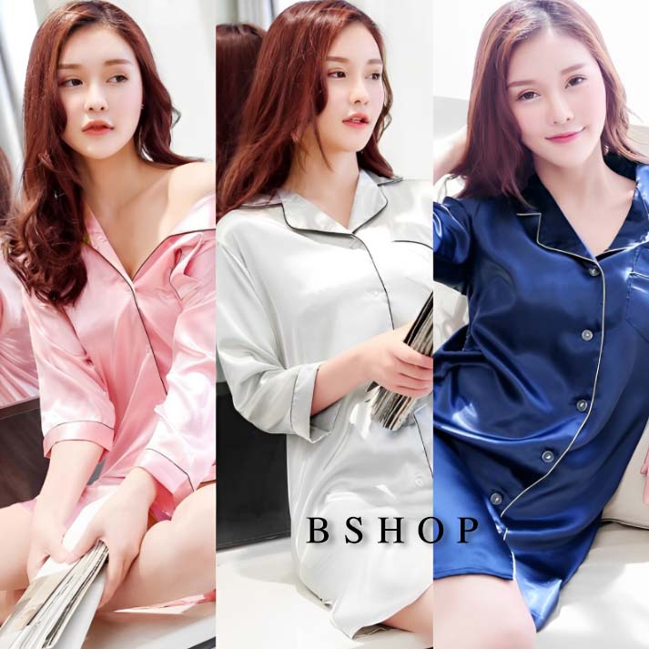 Q565 ชุดนอนกระโปรงผ้าซาติน รุ่นแขน5ส่วน