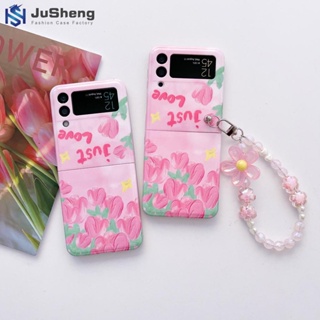 Jusheng เคสโทรศัพท์มือถือแฟชั่น ลายดอกทิวลิป สีชมพูแวววาว สําหรับ Samsung Z Flip4 Z Flip3