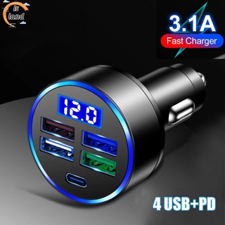 【IS】ที่ชาร์จ Usb Type-c 4 พอร์ต หน้าจอดิจิทัล Led ตรวจจับแรงดันไฟฟ้า 5-in-1 สําหรับรถยนต์