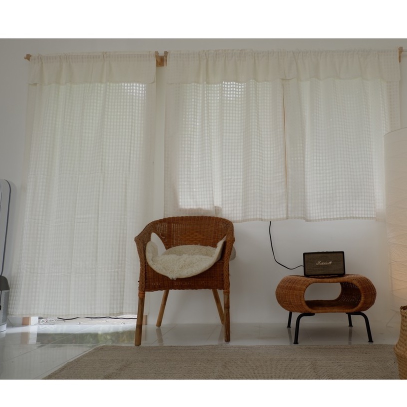 แนะนำ ผ้าม่าน ผ้าม่านหน้าต่างผ้าตารางสีขาวนวล แบบมีระบายถักโครเชต์เล็กงาน Handmade พร้อมที่ผูกม่าน ราคาพิเศษ มีเก็บเงินปลายทาง