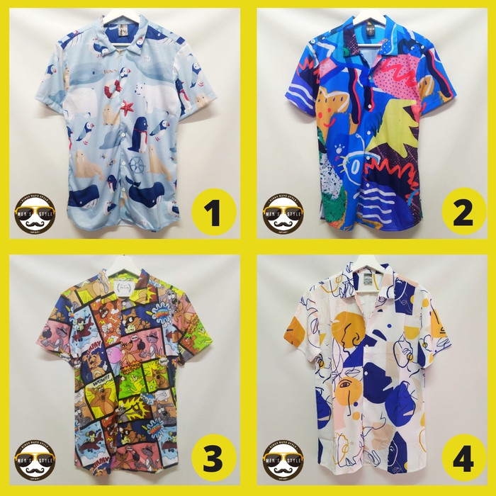 KEMEJA MENS SHIRT Hawaiian Beach Motif Printing Shirt Mens Import Abstract Guitar - NO. 1, M PREMIUM