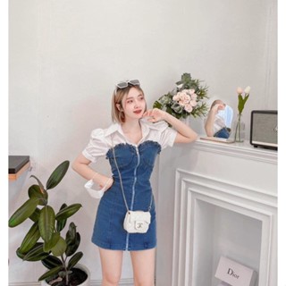 🍎เดรสสั้นยีนส์คอปกงานนำเข้า🌼