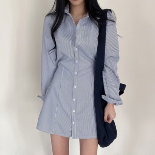 ชุดมินิเดรสแขนยาว ลายทาง เก็บเอว สไตล์เกาหลี สําหรับผู้หญิง สินค้าพร้อมส่ง