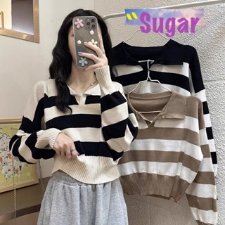 Sugar🌈พร้อมส่ง🌈เสื้อไหมพรม คอปก แขนยาว ลายทาง ผ้ายืดใส่สบาย(29036)