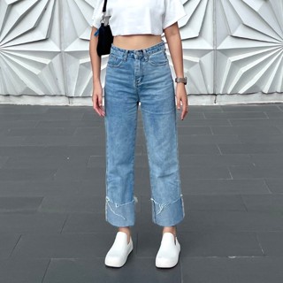 กางเกงยีนส์ทรงกระบอก พับขา | blue denim