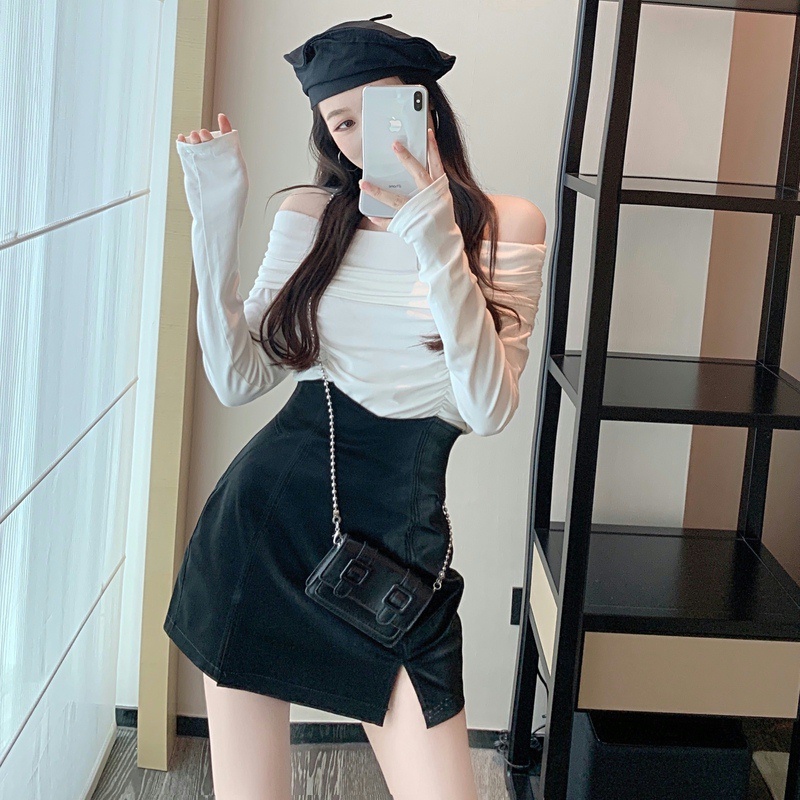 พร้อมส่ง > กระโปรงหนัง ผ่าคู่หน้า ซิปหลัง
